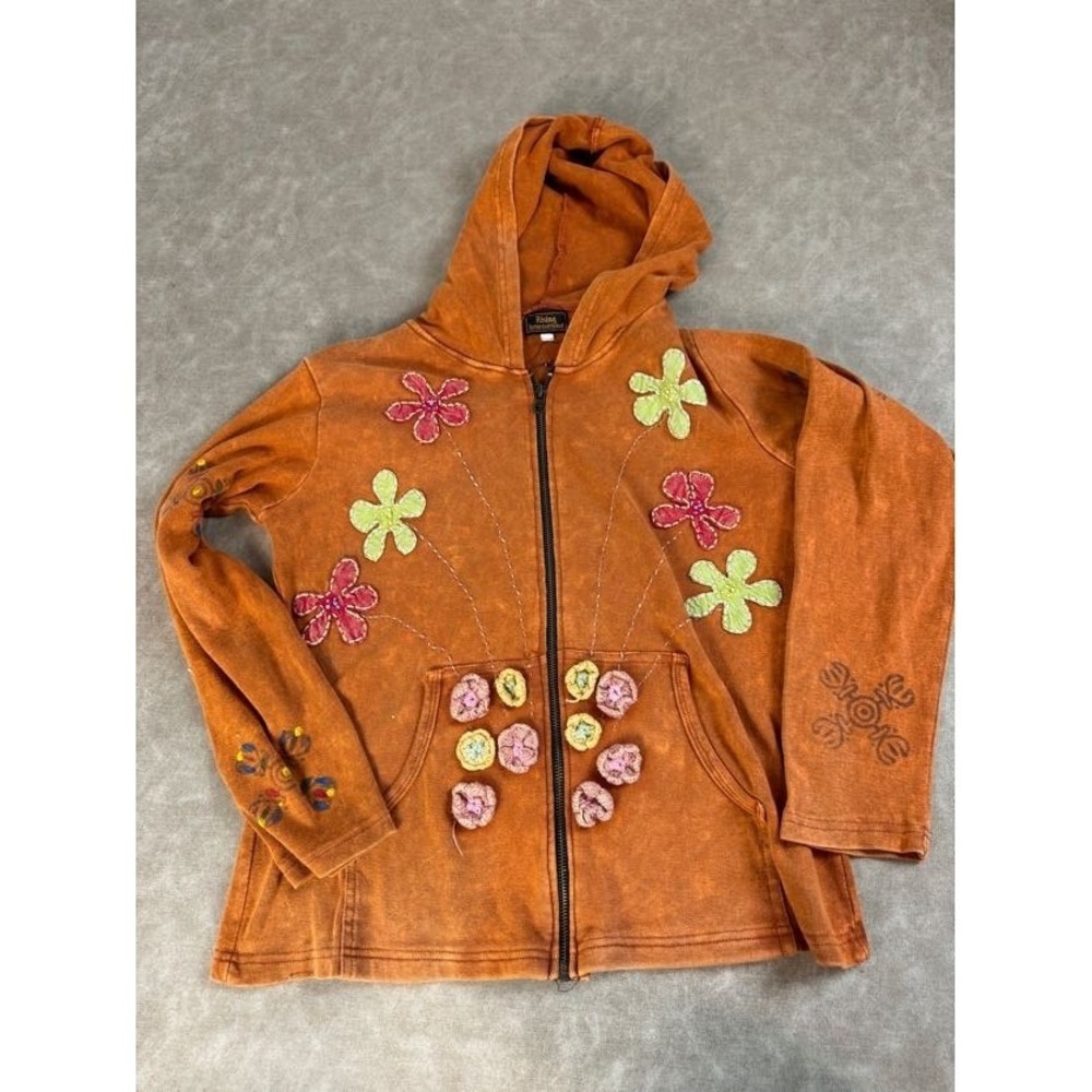 Rising‎ International Womens Full Zip Floral Long Sleeve Orange Hoodie Small